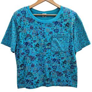 Vintage 80s/90s Blue Floral Print Pocket T-Shirt Size Large Made in USA